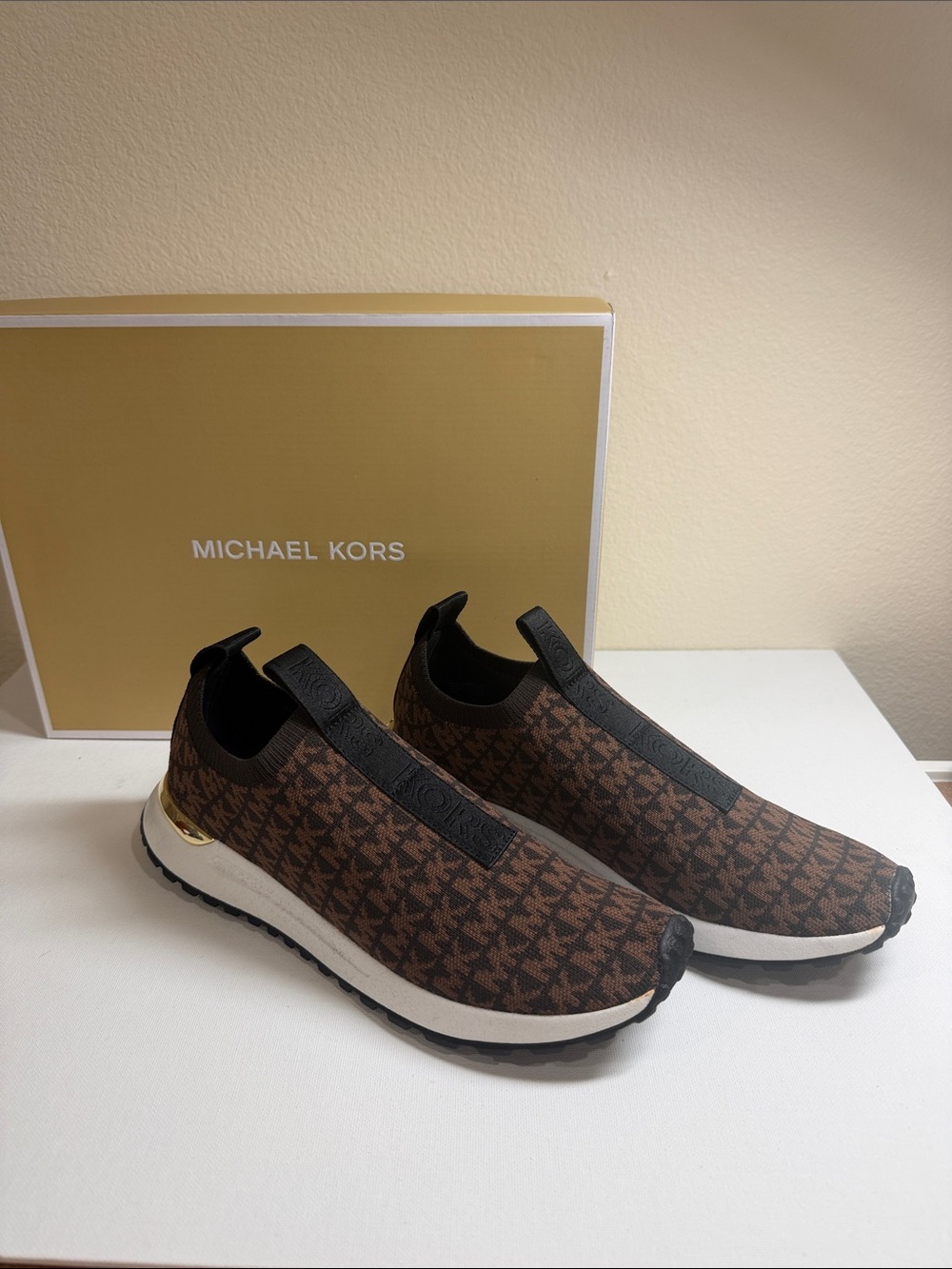 Michael Kors Brown Logo Knit Slip-On Sneakers with Gold Accent